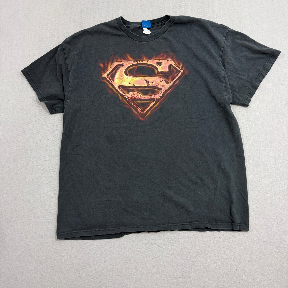 Vintage DC Comics Shirt Mens 2XL Black Superman Flame Shield Logo Graphic Tee